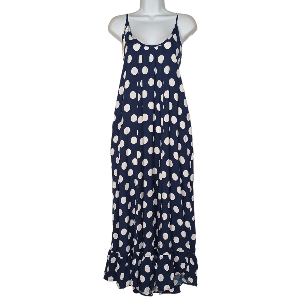 BUENOS NINOS Navy Blue White Polka Dot Print Sleeveless Maxi Dress Large NWT